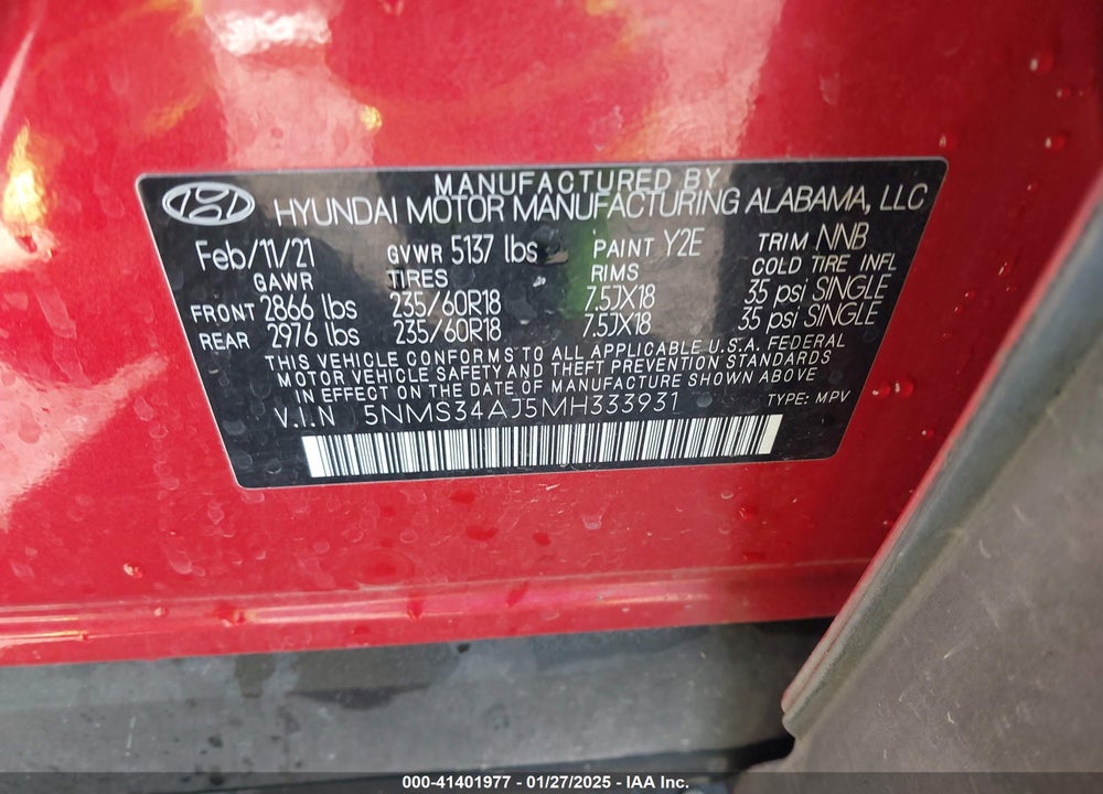 2021 HYUNDAI SANTA FE SEL VIN: 5NMS34AJ5MH333931