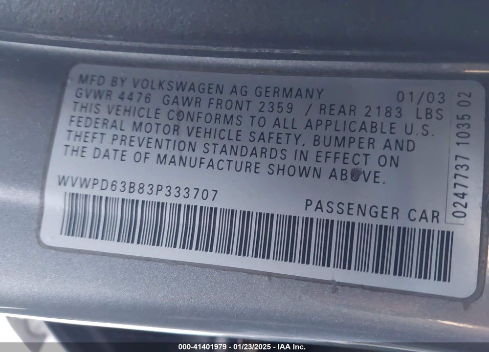 2003 VOLKSWAGEN PASSAT GLS VIN: WVWPD63B83P333707