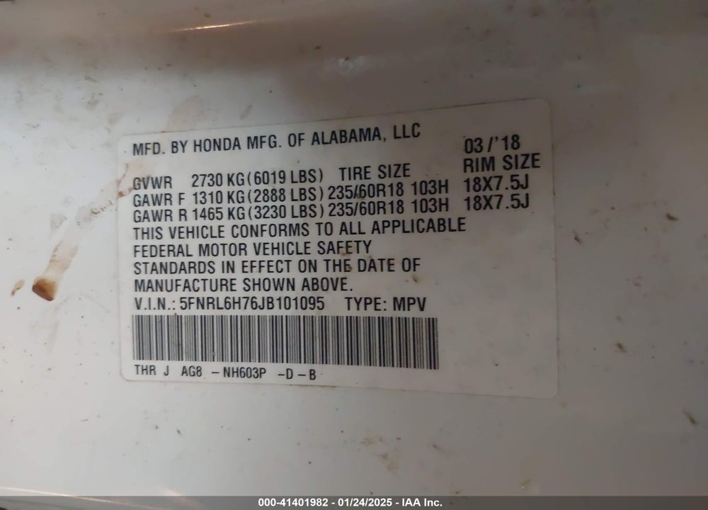 2018 HONDA ODYSSEY EX-L VIN: 5FNRL6H76JB101095