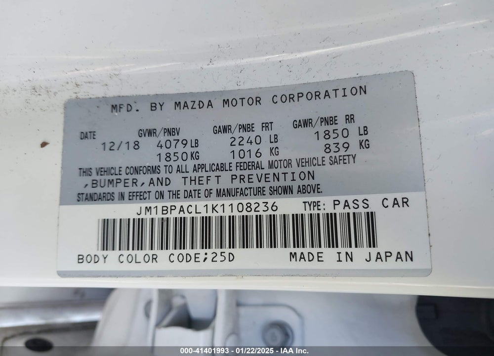 2019 MAZDA MAZDA3 VIN: JM1BPACL1K1108236
