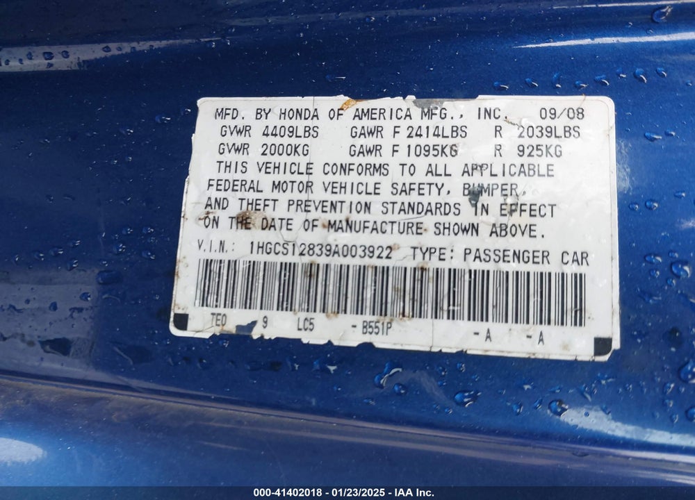 2009 HONDA ACCORD VIN: 1HGCS12839A003922
