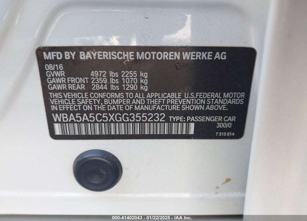 2016 BMW 528I VIN: WBA5A5C5XGG355232