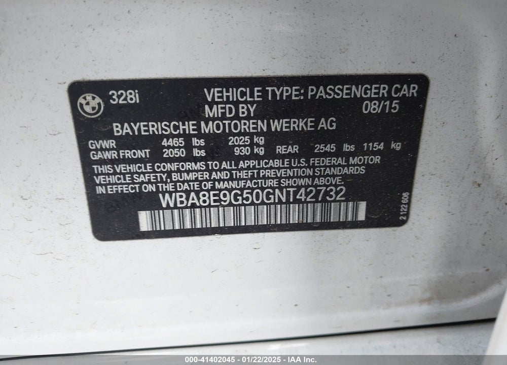 2016 BMW 328I VIN: WBA8E9G50GNT42732