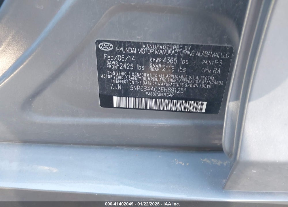 2014 HYUNDAI SONATA VIN: 5NPEB4AC3EH891251