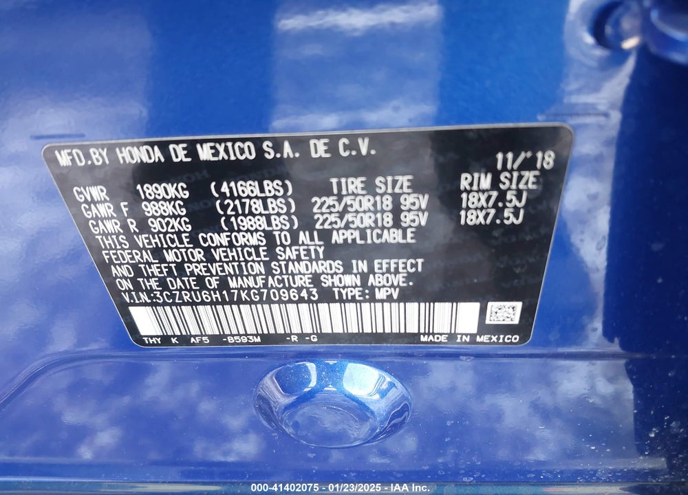 2019 HONDA HR-V SPORT VIN: 3CZRU6H17KG709643