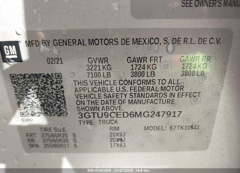 2021 GMC SIERRA 1500 VIN: 3GTU9CED6MG247917