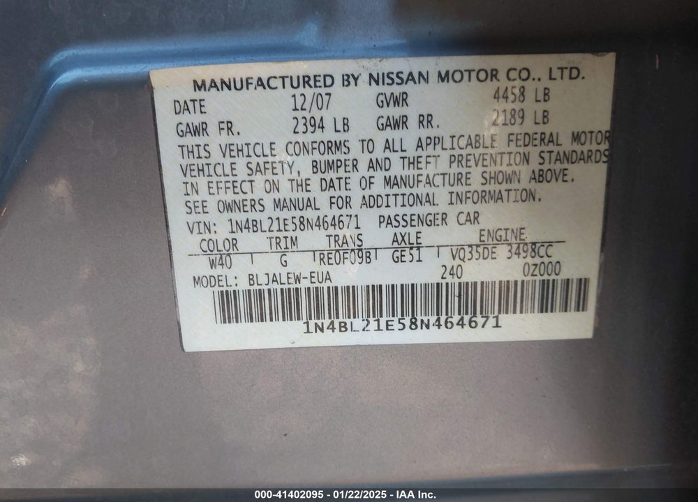 2008 NISSAN ALTIMA 3.5 SL VIN: 1N4BL21E58N464671