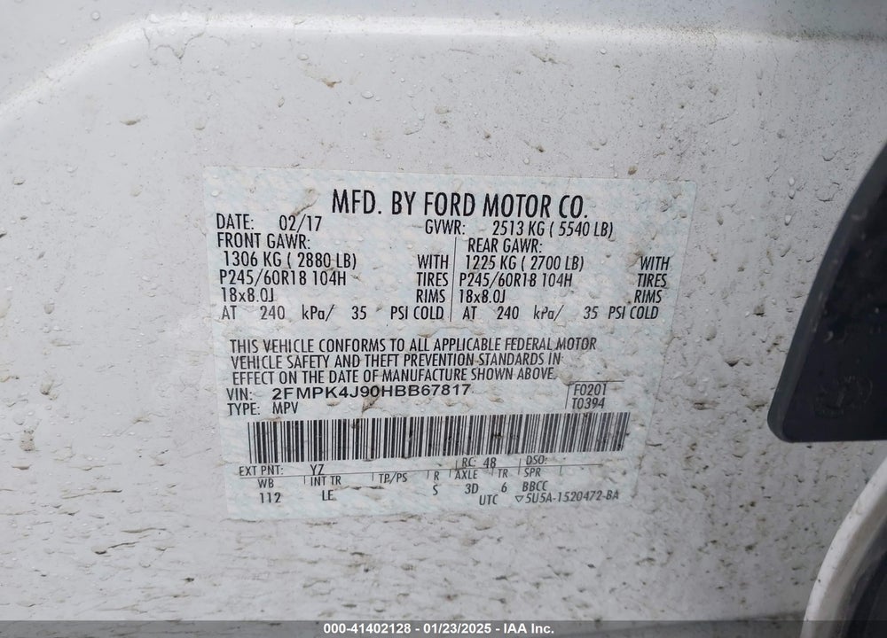 2017 FORD EDGE SEL VIN: 2FMPK4J90HBB67817