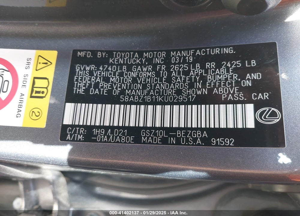 2019 LEXUS ES 350 VIN: 58ABZ1B11KU029517