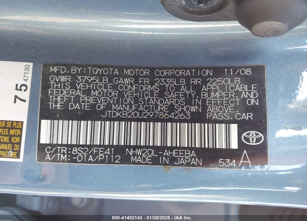 2009 TOYOTA PRIUS-4 CYL. VIN: JTDKB20U297864263