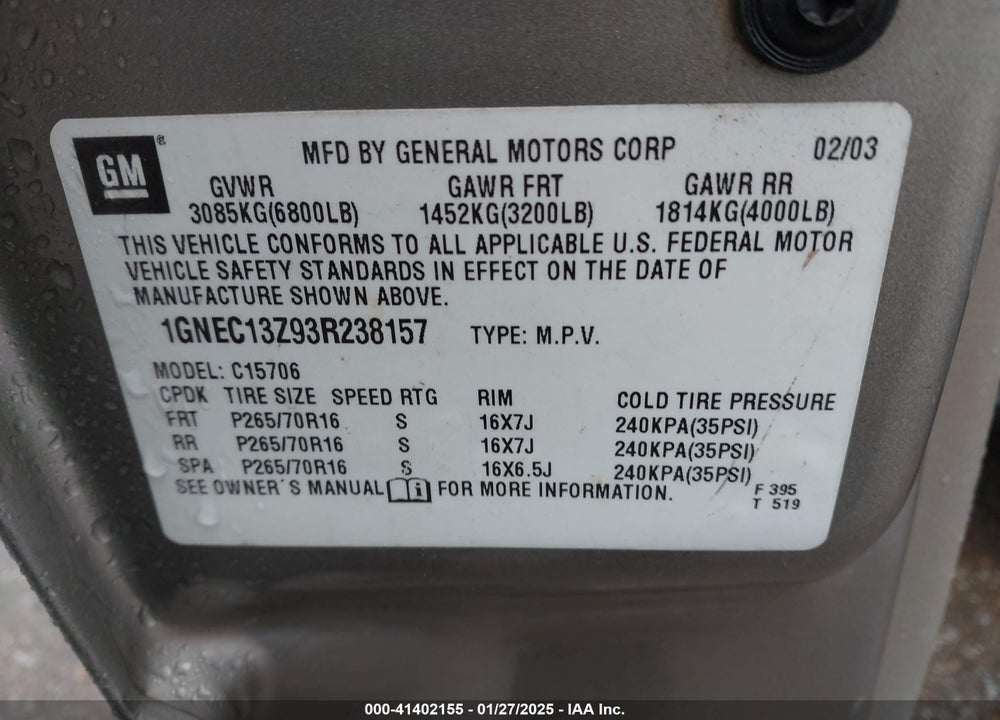 2003 CHEVROLET TAHOE LT VIN: 1GNEC13Z93R238157