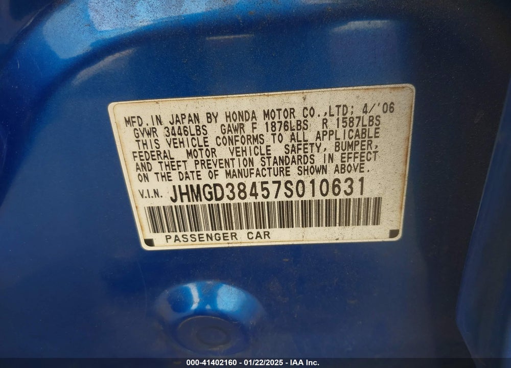2007 HONDA FIT VIN: JHMGD38457S010631
