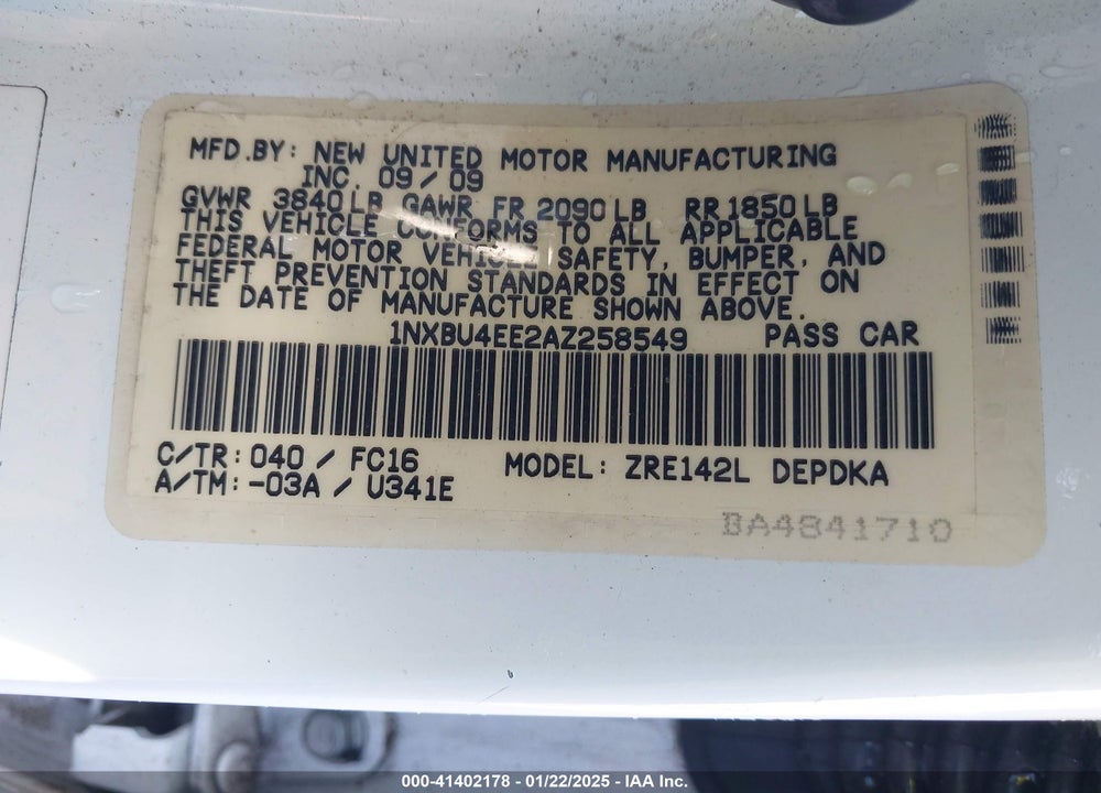 2010 TOYOTA COROLLA LE VIN: 1NXBU4EE2AZ258549