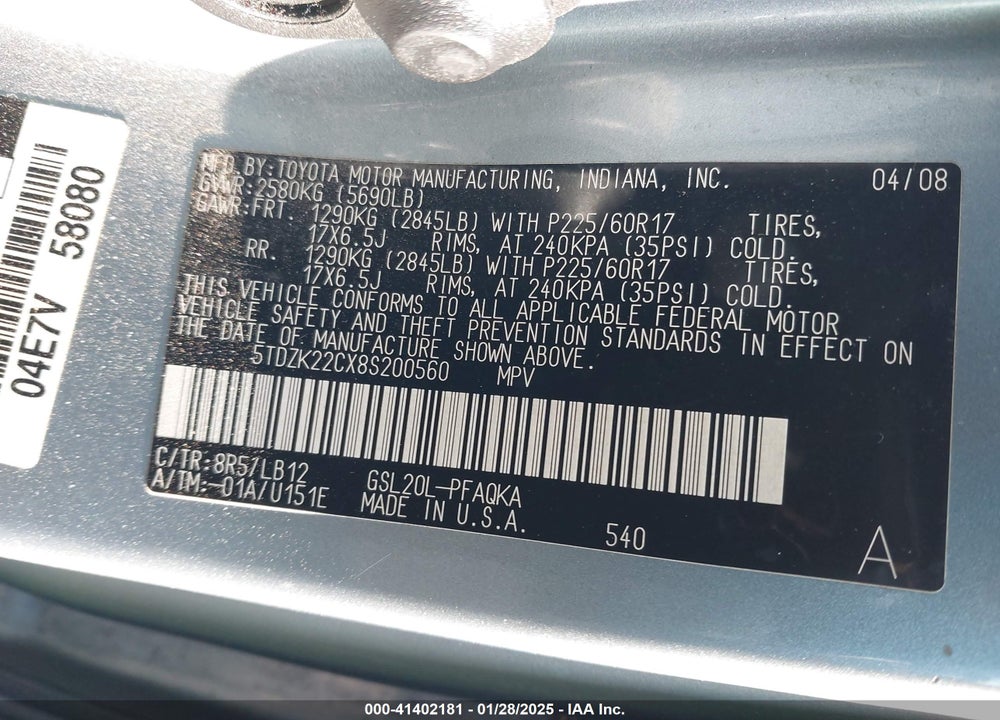 2008 TOYOTA SIENNA XLE VIN: 5TDZK22CX8S200560