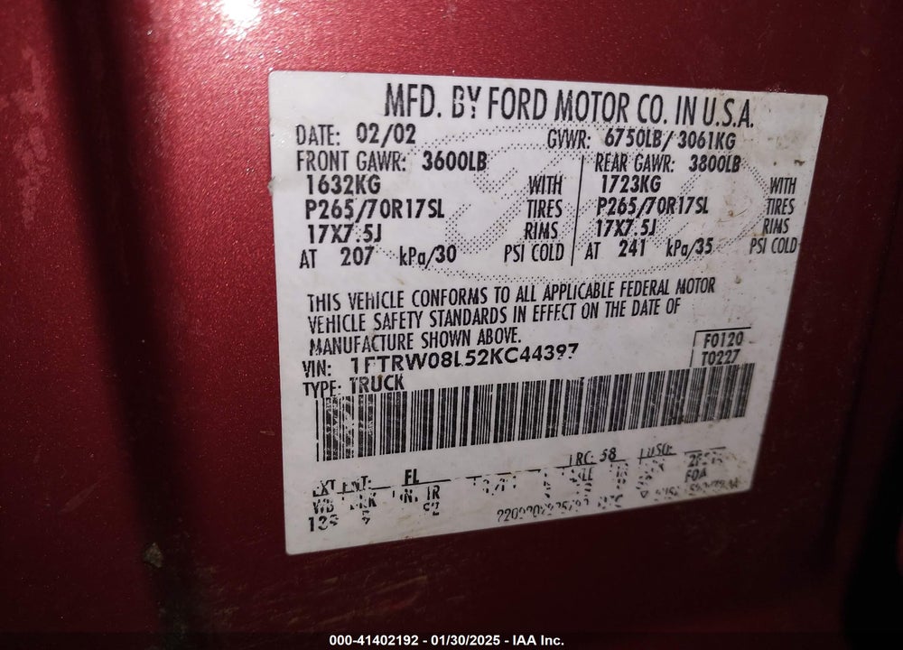 2002 FORD F-150 LARIAT/XLT VIN: 1FTRW08L52KC44397