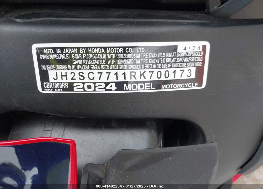 2024 HONDA CBR1000 RR VIN: JH2SC7711RK700173