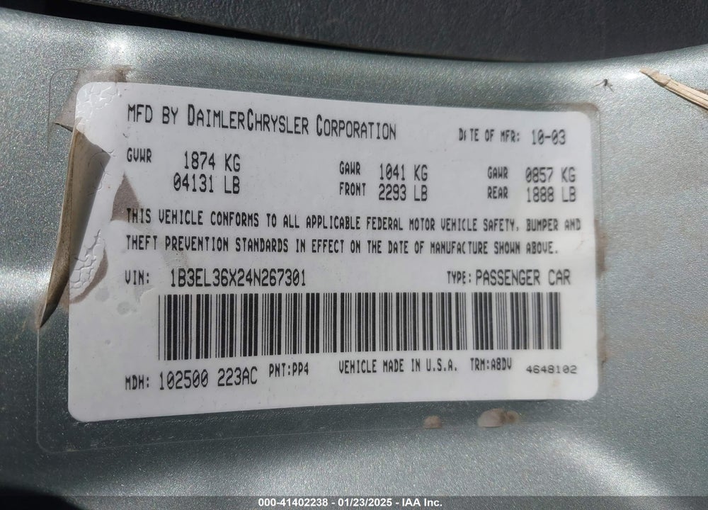 2004 DODGE STRATUS SE VIN: 1B3EL36X24N267301
