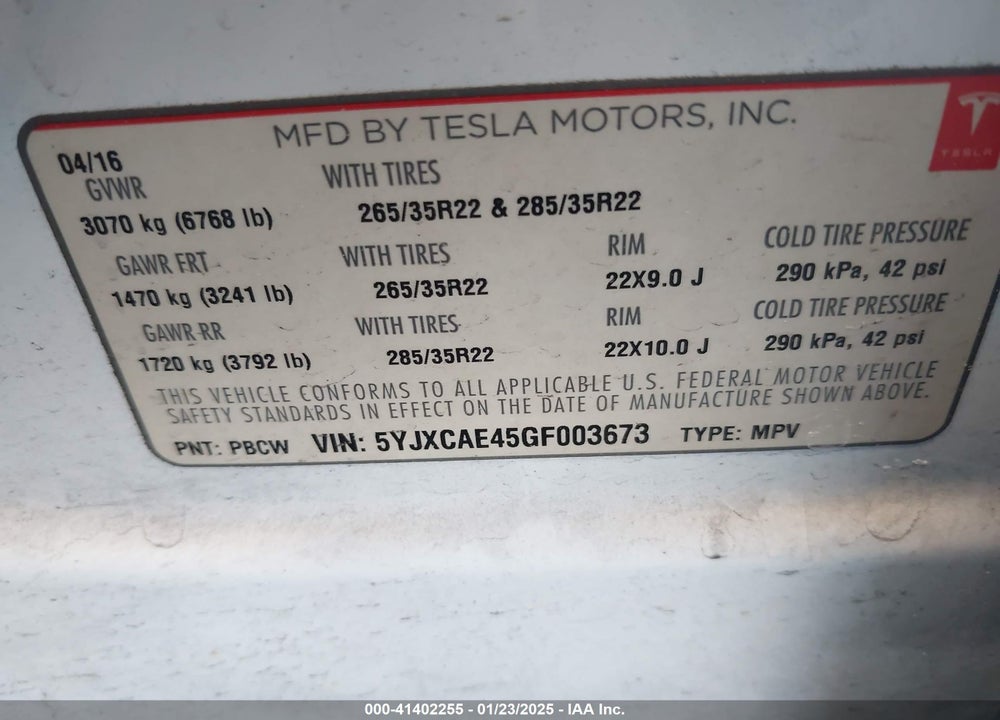 2016 TESLA MODEL X VIN: 5YJXCAE45GF003673