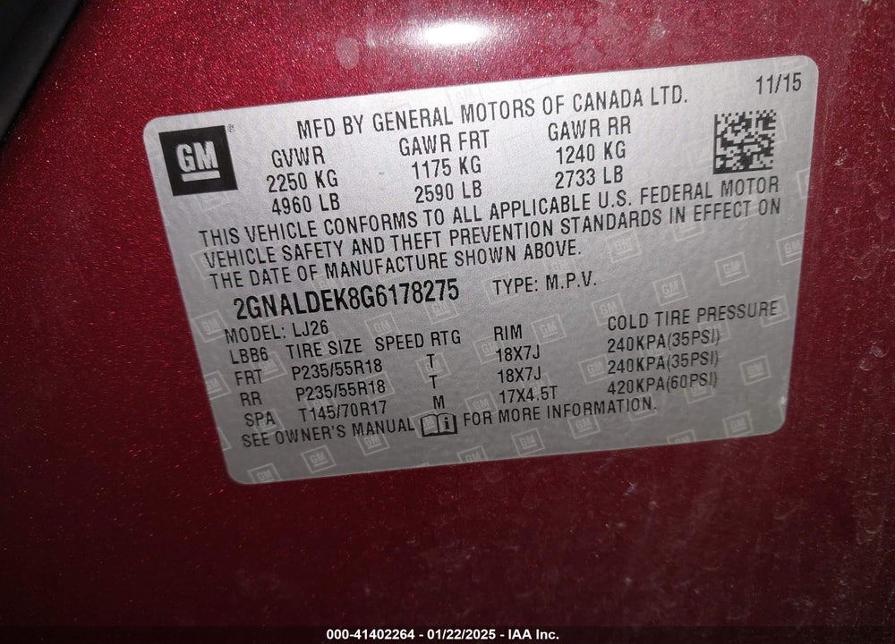2016 CHEVROLET EQUINOX VIN: 2GNALDEK8G6178275