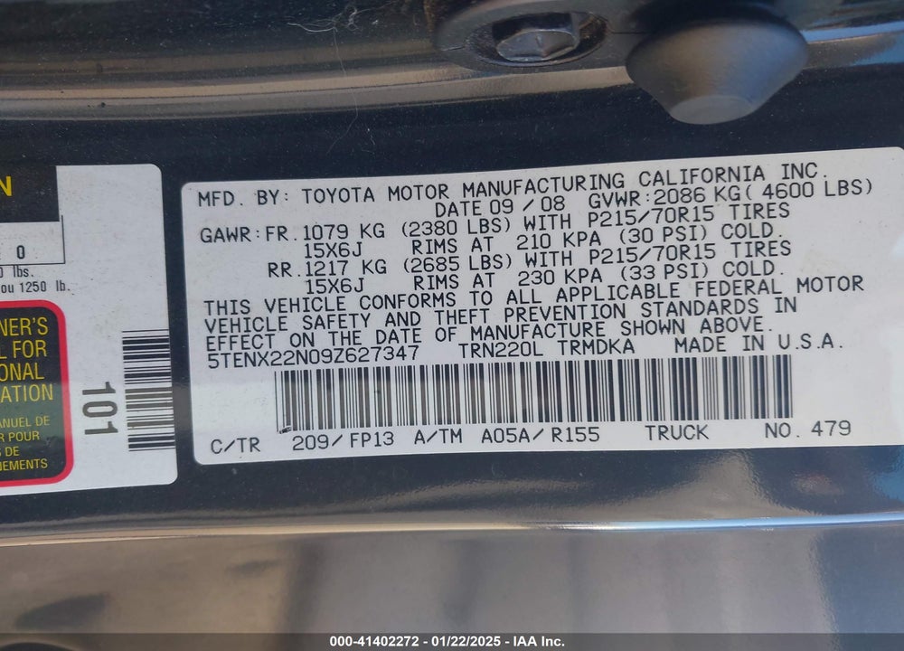 2009 TOYOTA TACOMA VIN: 5TENX22N09Z627347