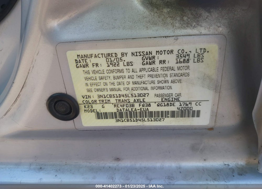 2005 NISSAN SENTRA 1.8S VIN: 3N1CB51D45L513027