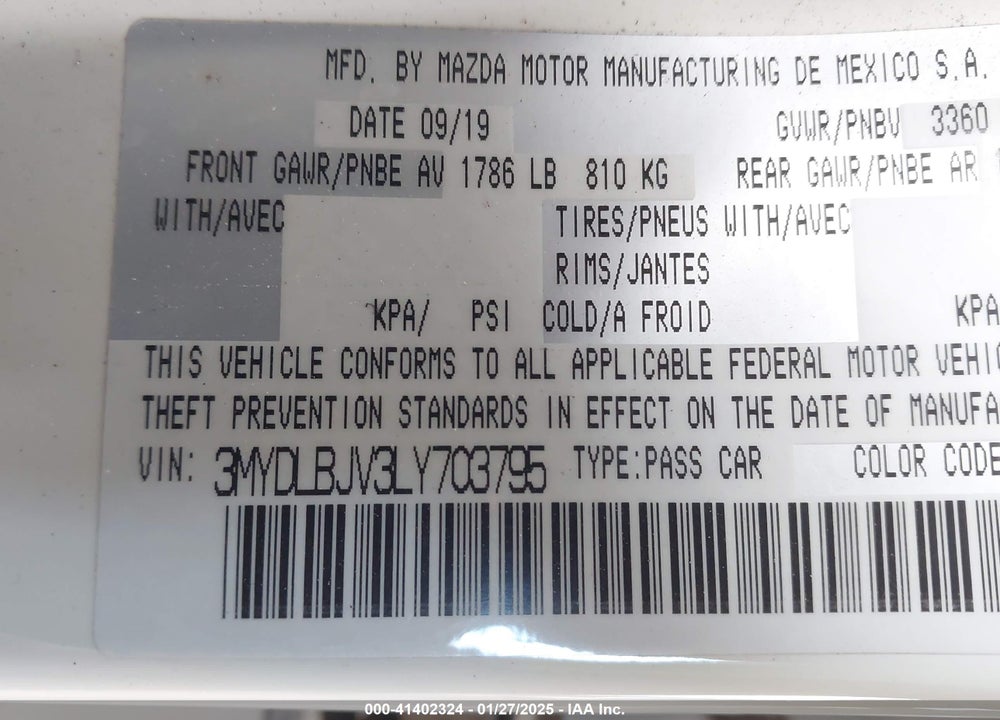 2020 TOYOTA YARIS VIN: 3MYDLBJV3LY703795