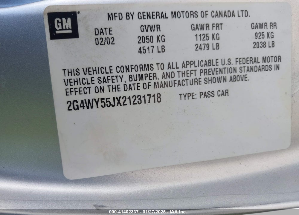 2002 BUICK CENTURY LIMITED VIN: 2G4WY55JX21231718