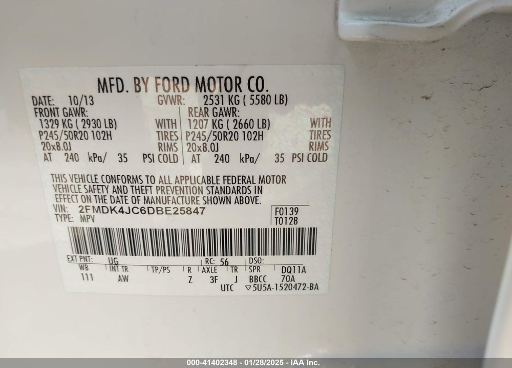 2013 FORD EDGE VIN: 2FMDK4JC6DBE25847