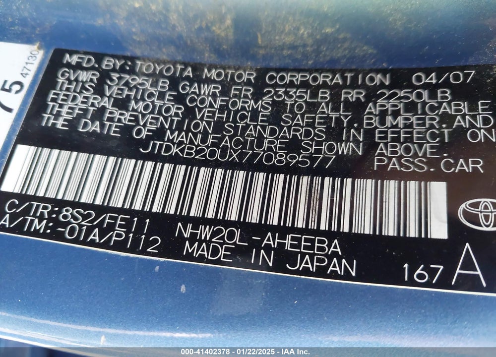 2007 TOYOTA PRIUS VIN: JTDKB20UX77089577
