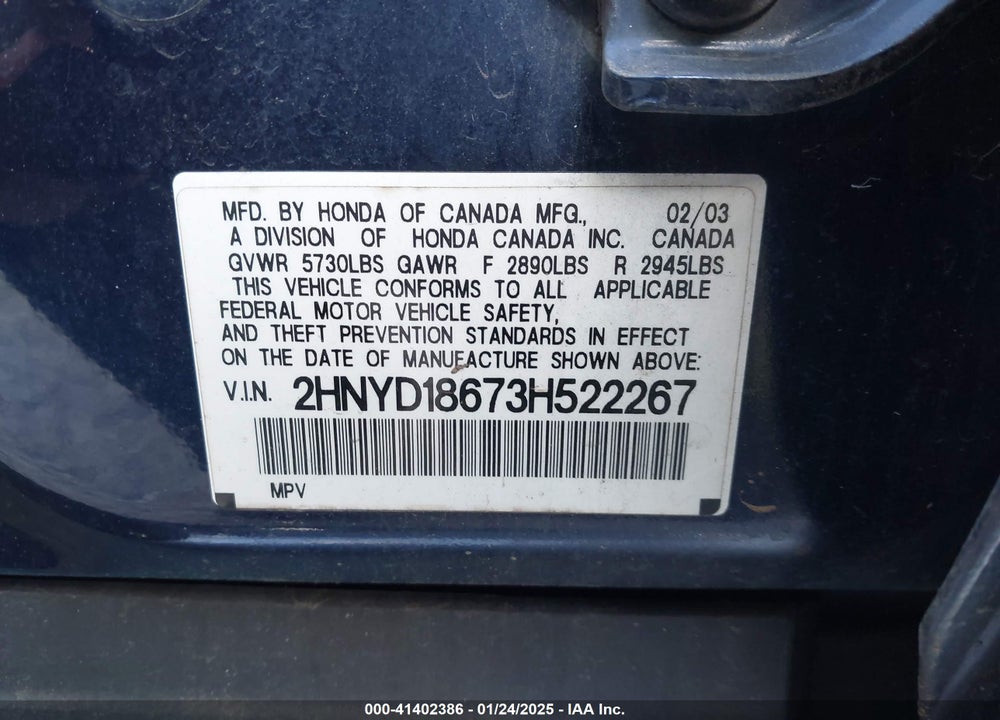 2003 ACURA MDX VIN: 2HNYD18673H522267