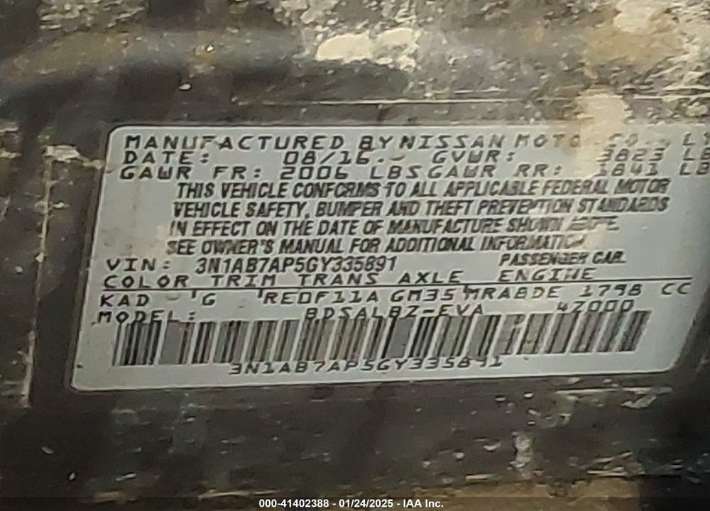 2016 NISSAN SENTRA VIN: 3N1AB7AP5GY335891