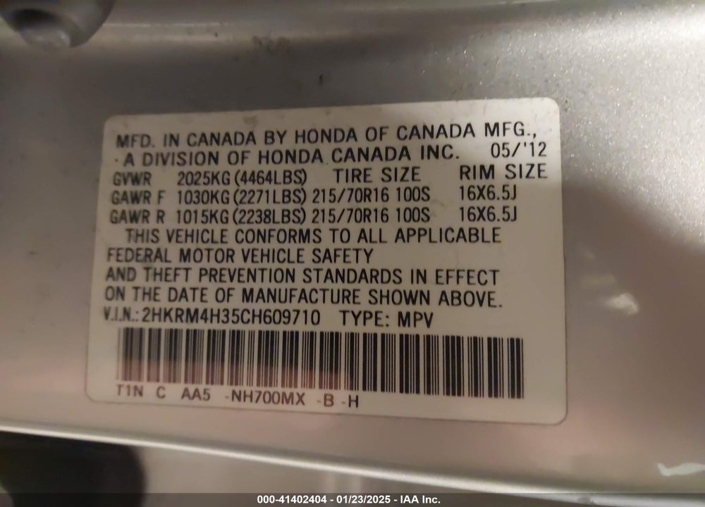 2012 HONDA CR-V LX VIN: 2HKRM4H35CH609710