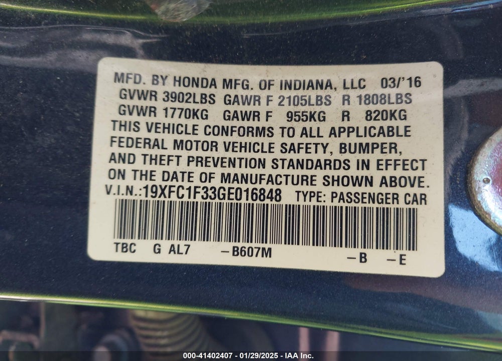 2016 HONDA CIVIC VIN: 19XFC1F33GE016848
