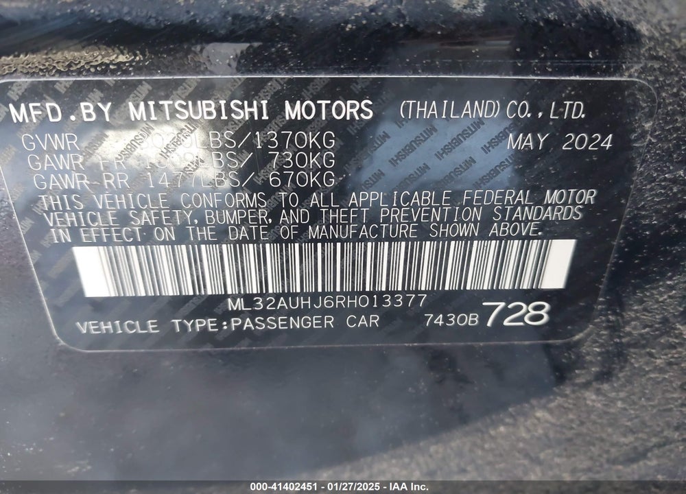 2024 MITSUBISHI MIRAGE VIN: ML32AUHJ6RH013377