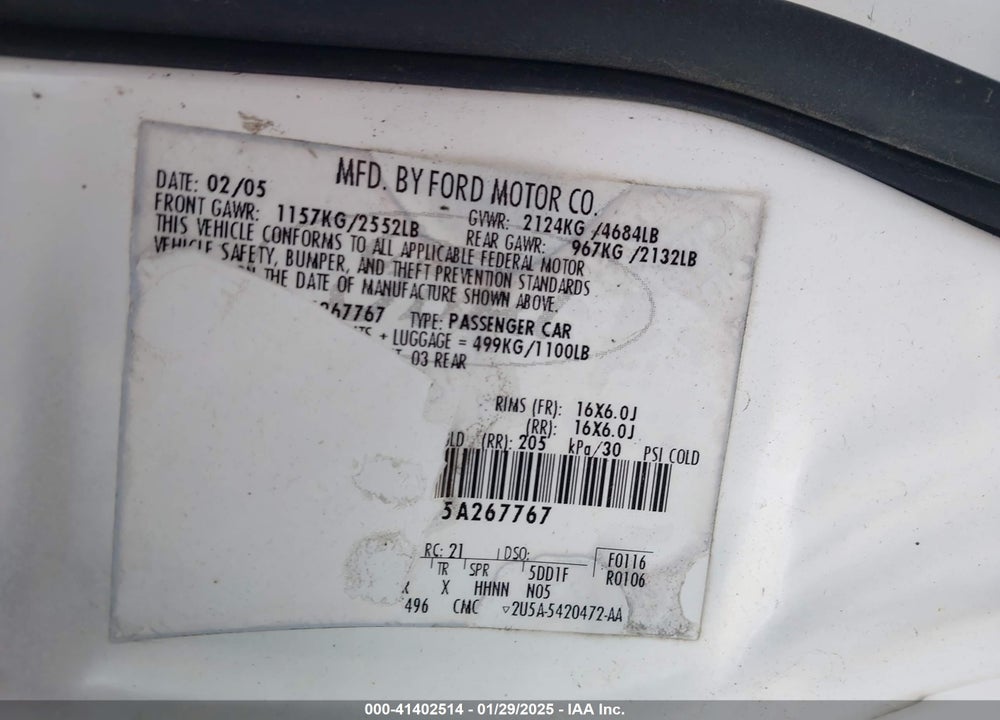 2005 FORD TAURUS SE VIN: 1FAFP53215A267767
