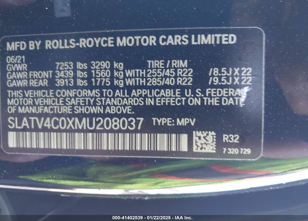 2021 ROLLS-ROYCE CULLINAN VIN: SLATV4C0XMU208037