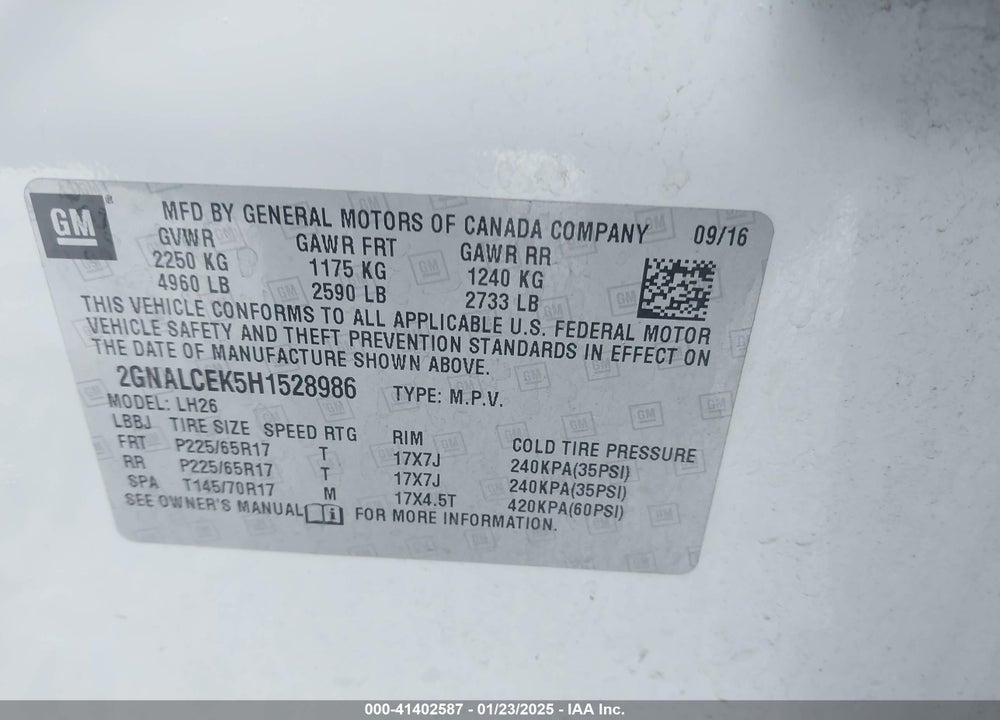 2017 CHEVROLET EQUINOX LT VIN: 2GNALCEK5H1528986