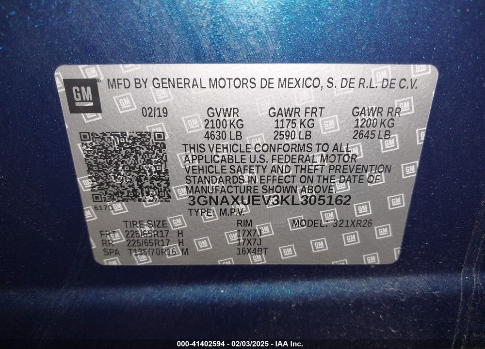 2019 CHEVROLET EQUINOX LT VIN: 3GNAXUEV3KL305162