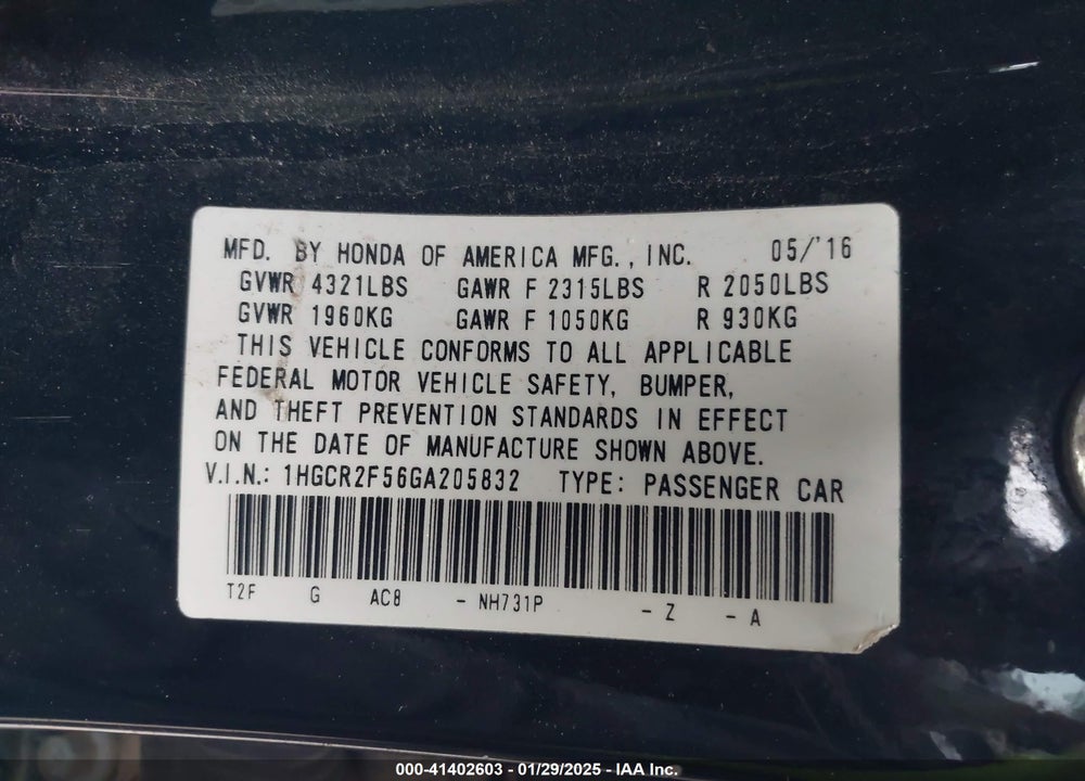 2016 HONDA ACCORD VIN: 1HGCR2F56GA205832