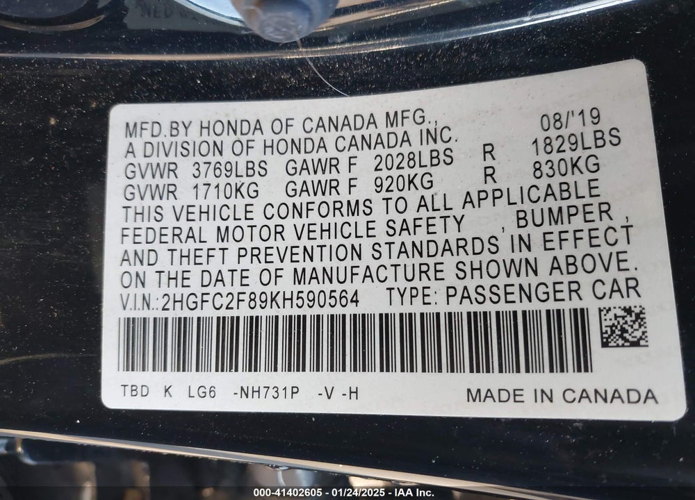2019 HONDA CIVIC VIN: 2HGFC2F89KH590564