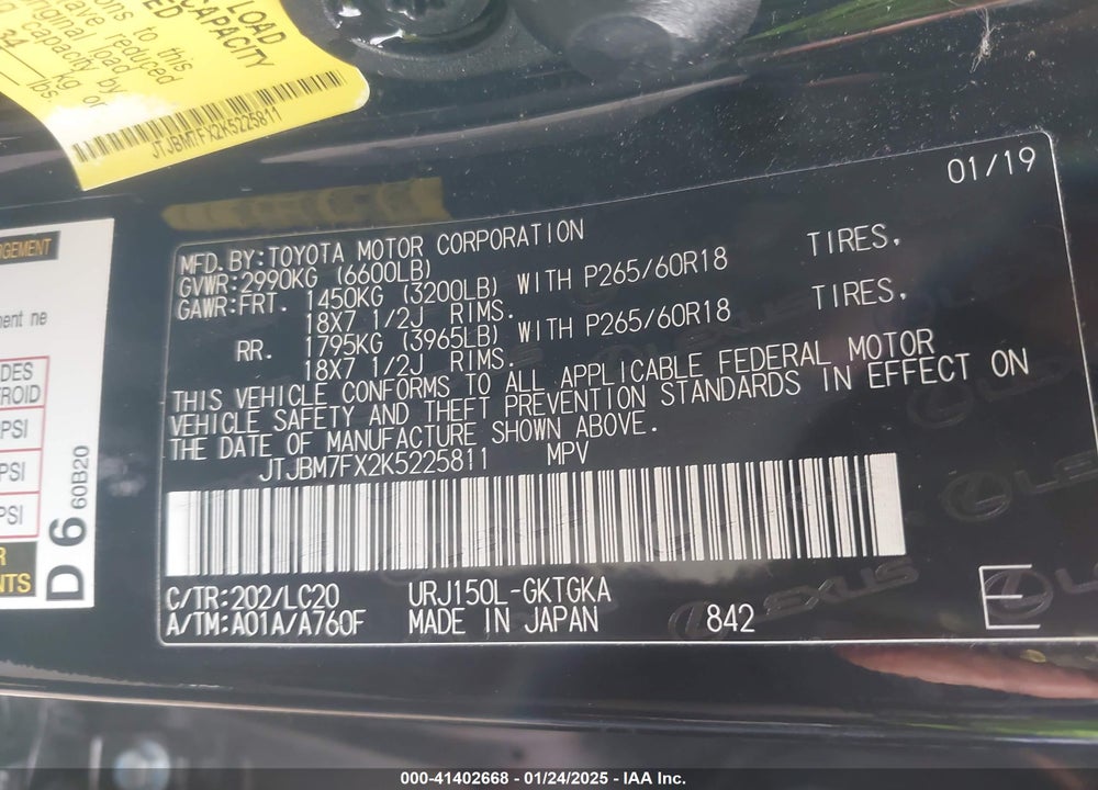 2019 LEXUS GX 460 VIN: JTJBM7FX2K5225811