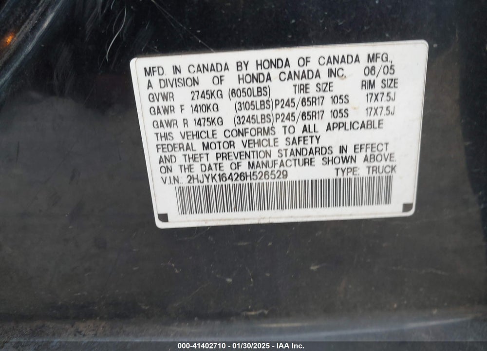 2006 HONDA RIDGELINE VIN: 2HJYK16426H526529