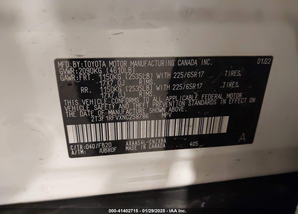 2022 TOYOTA RAV4 LE VIN: 2T3F1RFVXNC258786