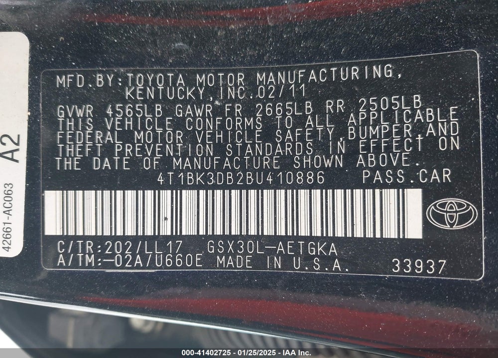 2011 TOYOTA AVALON VIN: 4T1BK3DB2BU410886