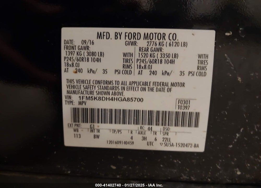 2017 FORD EXPLORER VIN: 1FM5K8DH4HGA85700