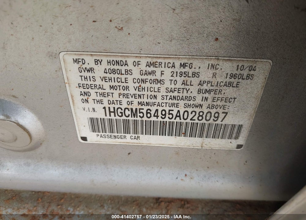 2005 HONDA ACCORD 2.4 LX VIN: 1HGCM56495A028097