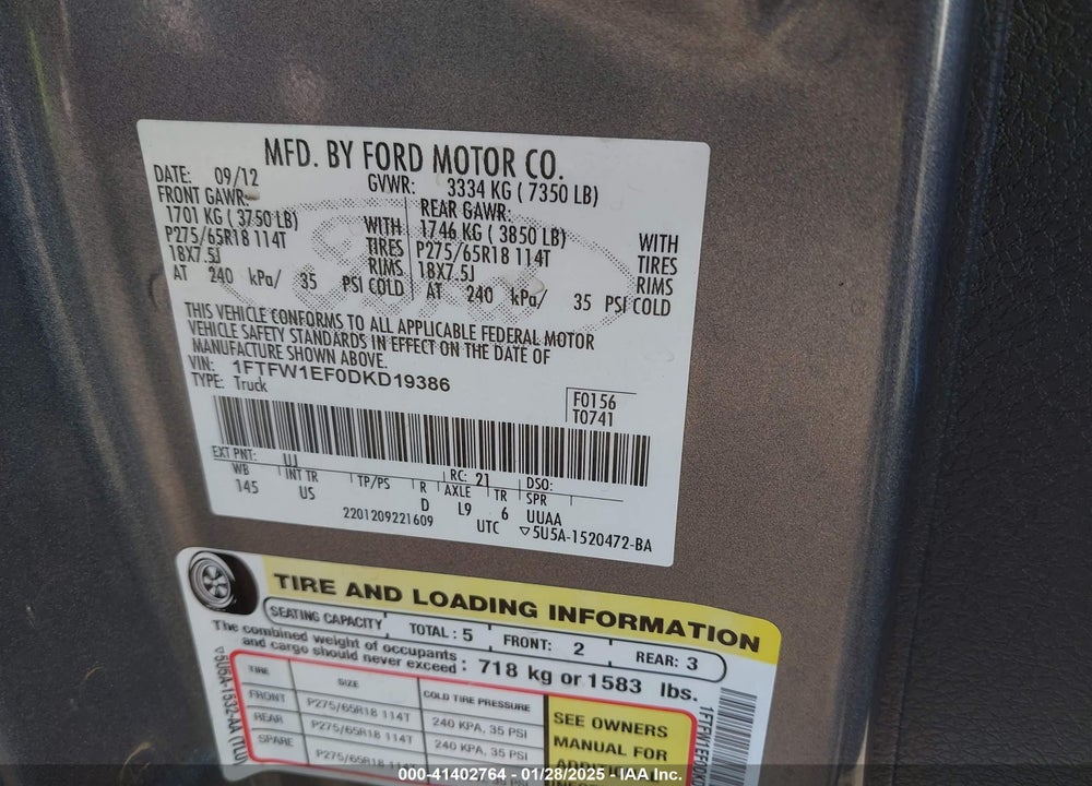 2013 FORD F-150 XLT VIN: 1FTFW1EF0DKD19386