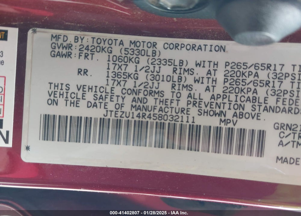 2005 TOYOTA 4RUNNER SR5 V6 VIN: JTEZU14R458032111