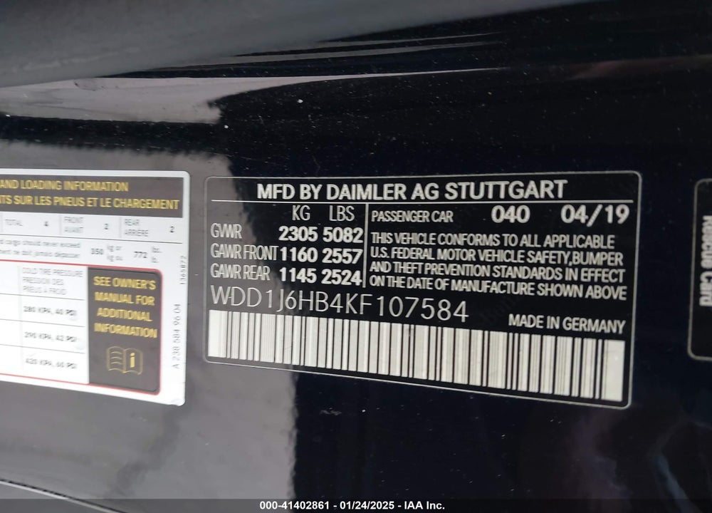 2019 MERCEDES-BENZ E VIN: WDD1J6HB4KF107584