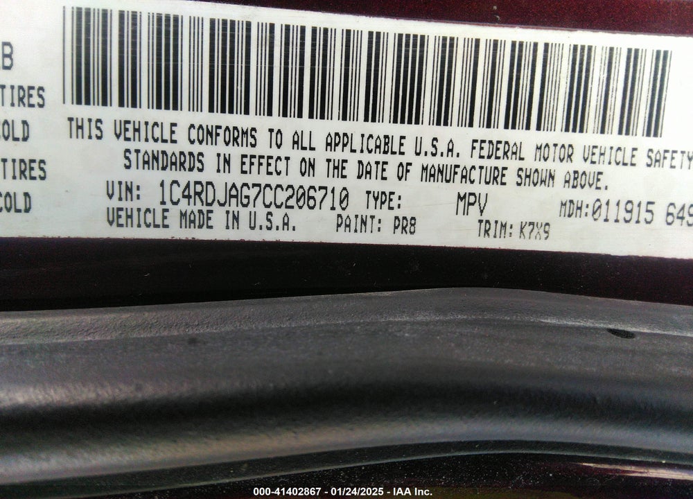 2012 DODGE DURANGO SXT VIN: 1C4RDJAG7CC206710